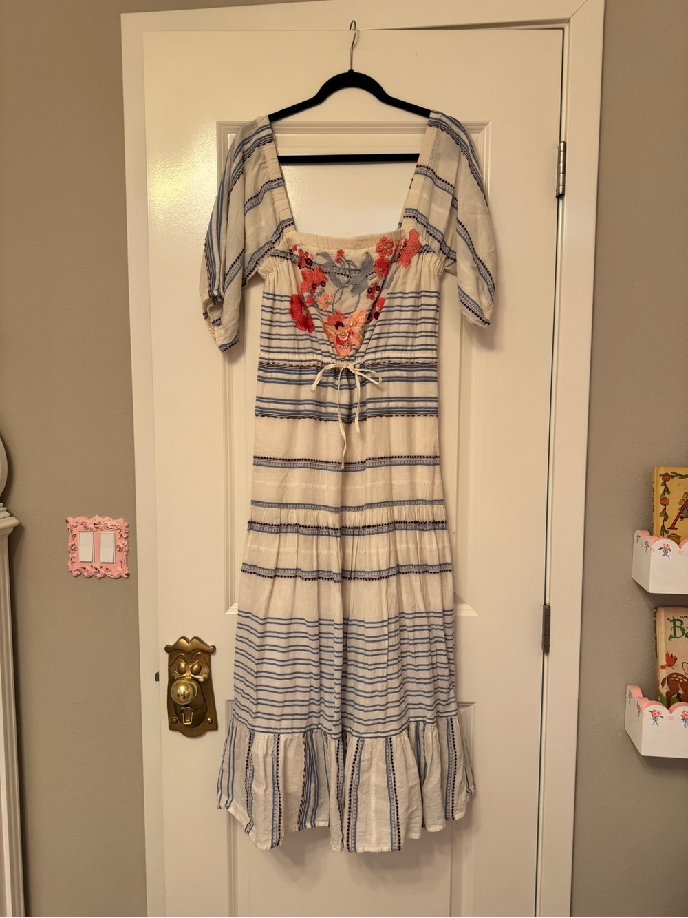 Anthropologie Cream and Blue Striped Maxi Dress with Coral Floral Embroidery